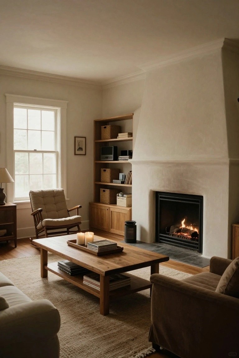 Living room with a curved white plaster fireplace surround, wooden bookshelves filled with baskets and books, low wooden coffee table holding books and candles, cream armchair, beige sofa, neutral rug, and hardwood floors.