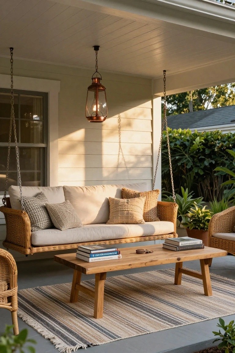 A covered porch with a hanging rattan swing sofa piled with beige and textured pillows, wooden coffee table with stacked books, two rattan chairs, striped rug, potted plants, and copper lantern overhead.