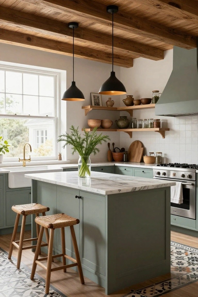 Kitchen with sage green cabinets and island, white marble counters, exposed wooden ceiling beams, black pendant lights, rattan stools, open wooden shelves holding pottery and jars, and a farmhouse sink.