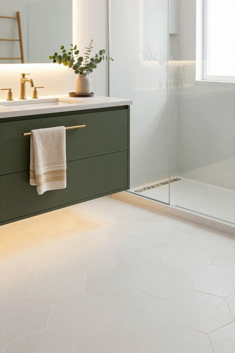 Modern bathroom with floating sage green vanity cabinet, brass faucet and towel bar, white hexagonal floor tiles, glass shower enclosure, and eucalyptus plant on counter.