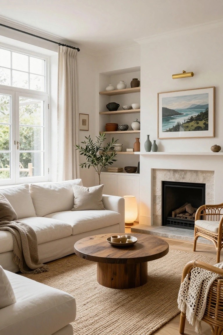 Sunlit living room with white sofa on seagrass rug, round wooden coffee table, rattan armchair, stone fireplace alcove with shelves holding ceramics and vase, large window with sheer curtains, and potted olive tree.