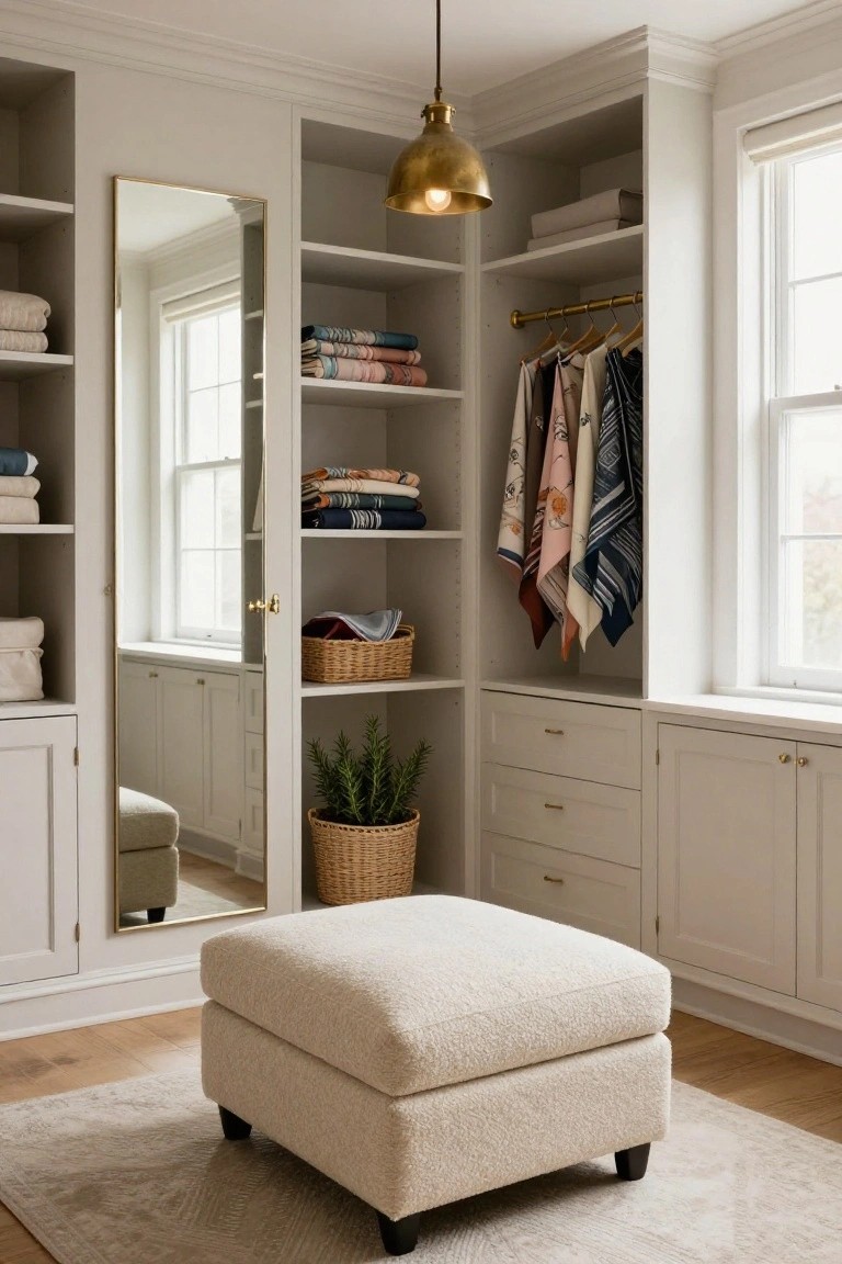 A light beige walk-in closet with built-in open shelves holding folded linens and towels, hanging rods with clothes and scarves, a tall gold-framed mirror, potted rosemary plant, and cream bouclé ottoman on hardwood floor.