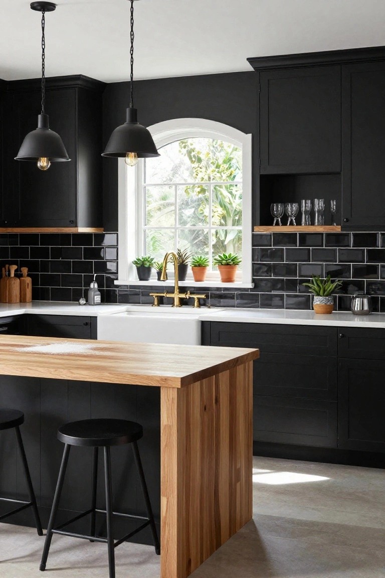 Kitchen with black cabinets, black subway tile backsplash, white countertops and farmhouse sink, wooden island with black stools, gold faucet, plants, and pendant lights.