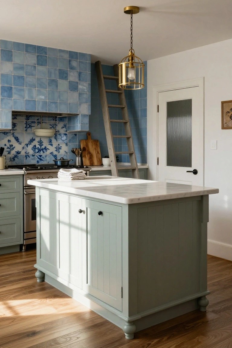 Modern farmhouse kitchen with blue hand-glazed ceramic tile backsplash around the range hood, sage green freestanding island with marble countertop, wooden ladder shelving, and brass pendant light hanging above.