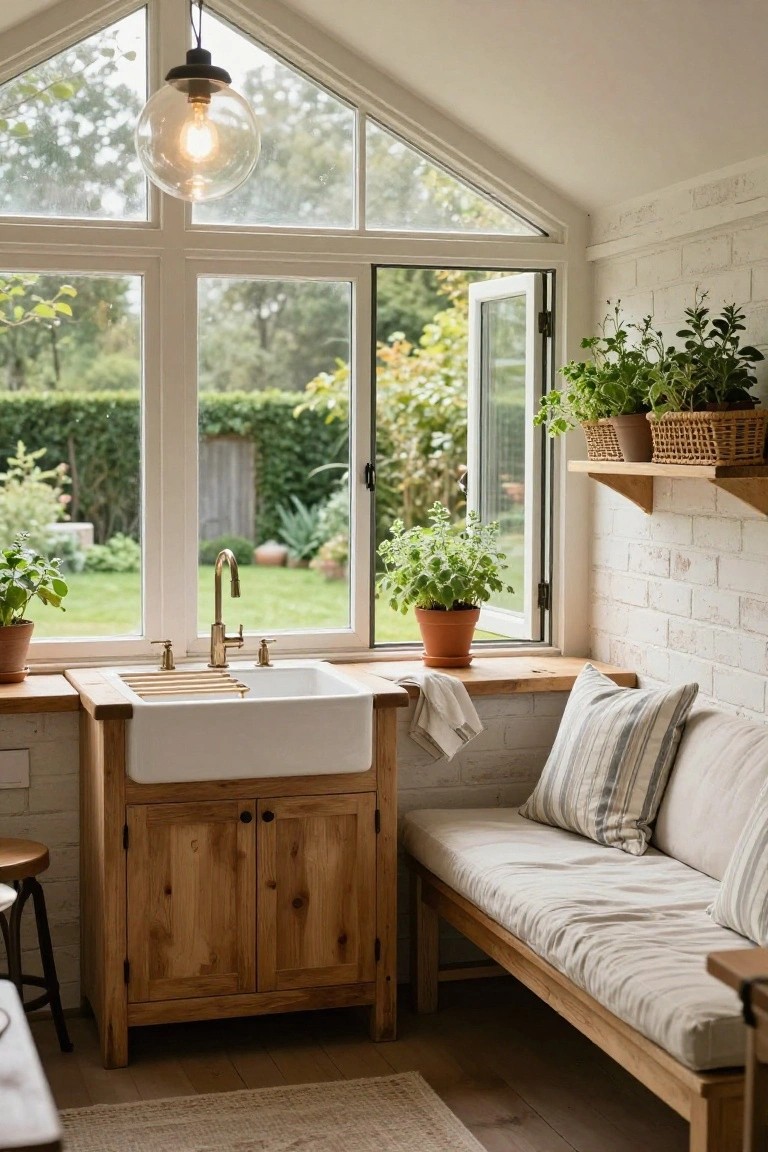 Bright interior of a garden room with white farmhouse sink on wooden cabinet base, adjacent cushioned bench on wooden frame, large multi-pane windows open to a green garden view, potted herbs on shelves against white brick walls.