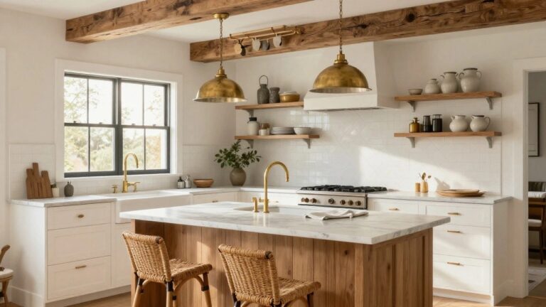 Bright modern farmhouse kitchen with white shaker cabinets, marble countertops and island top, wood-paneled island base, rattan barstools, brass pendant lights hanging from exposed wood beams, gold faucet at white farmhouse sink, and white subway tile backsplash.
