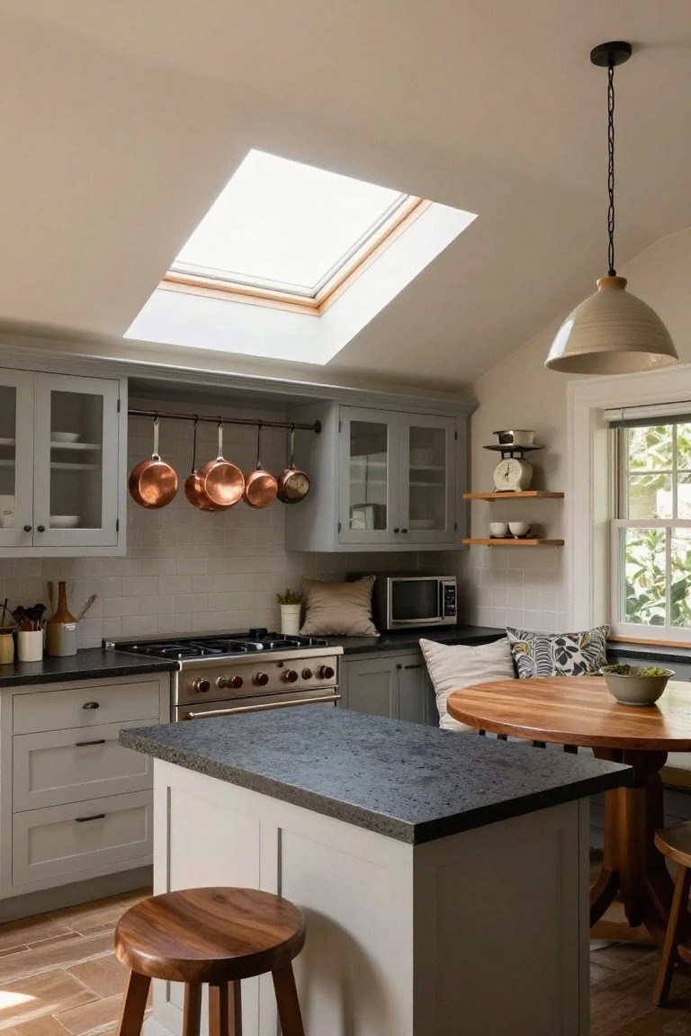 Light gray kitchen cabinets with glass doors, four copper pots hanging from a horizontal pipe rail underneath, black speckled countertop on island, wooden stools and round table, skylight in ceiling, and window with greenery outside.