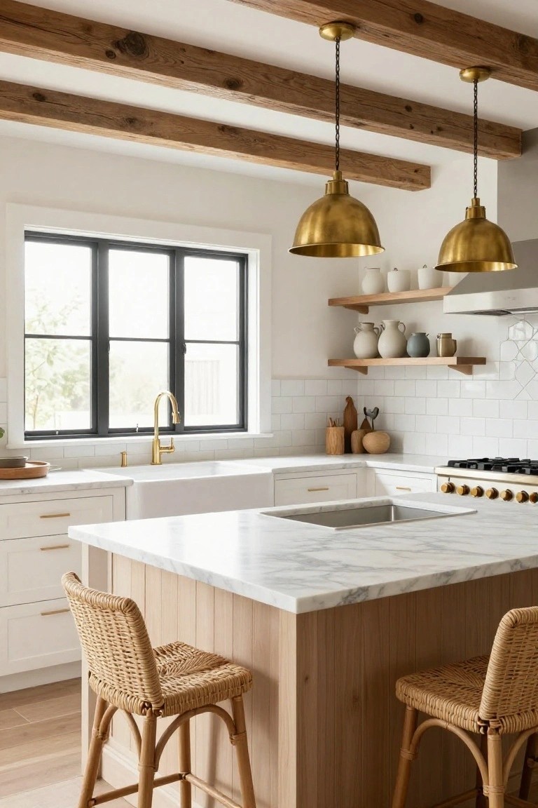 Bright modern farmhouse kitchen with white shaker cabinets, marble countertops and island top, wood-paneled island base, rattan barstools, brass pendant lights hanging from exposed wood beams, gold faucet at white farmhouse sink, and white subway tile backsplash.
