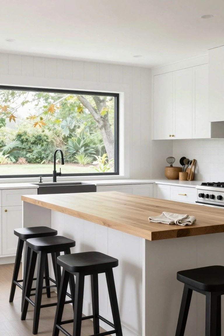 Modern white kitchen with oak-topped island bar, four black stools, black faucet over sink, and large window showing garden trees outside.