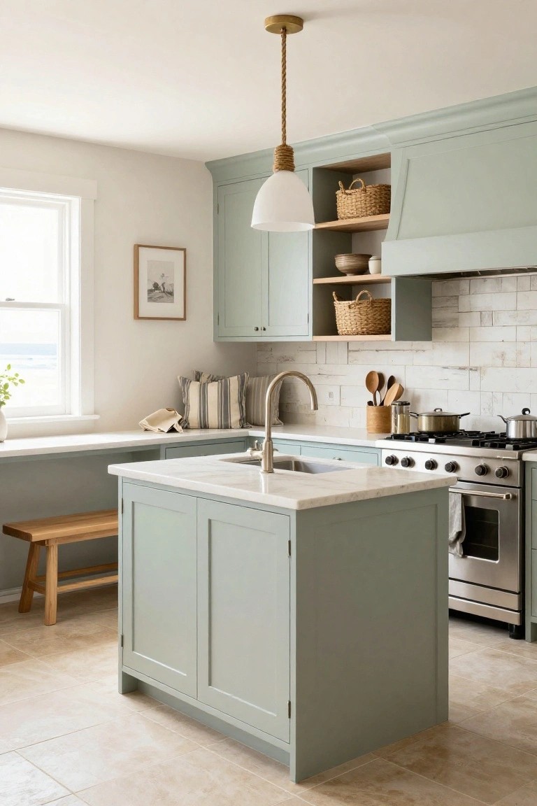 A modern farmhouse kitchen with sage green lower cabinets and island featuring a white quartz countertop and sink, open upper shelves with woven baskets, a wooden bench stool, subway tile backsplash, and a window overlooking the ocean.