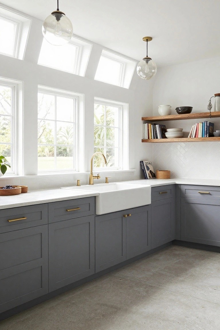 Corner view of a modern farmhouse kitchen with light gray shaker cabinets, white quartz countertops, large white farmhouse sink, gold brass faucet and hardware, white subway tile backsplash, open wood shelves, and large windows with natural light.