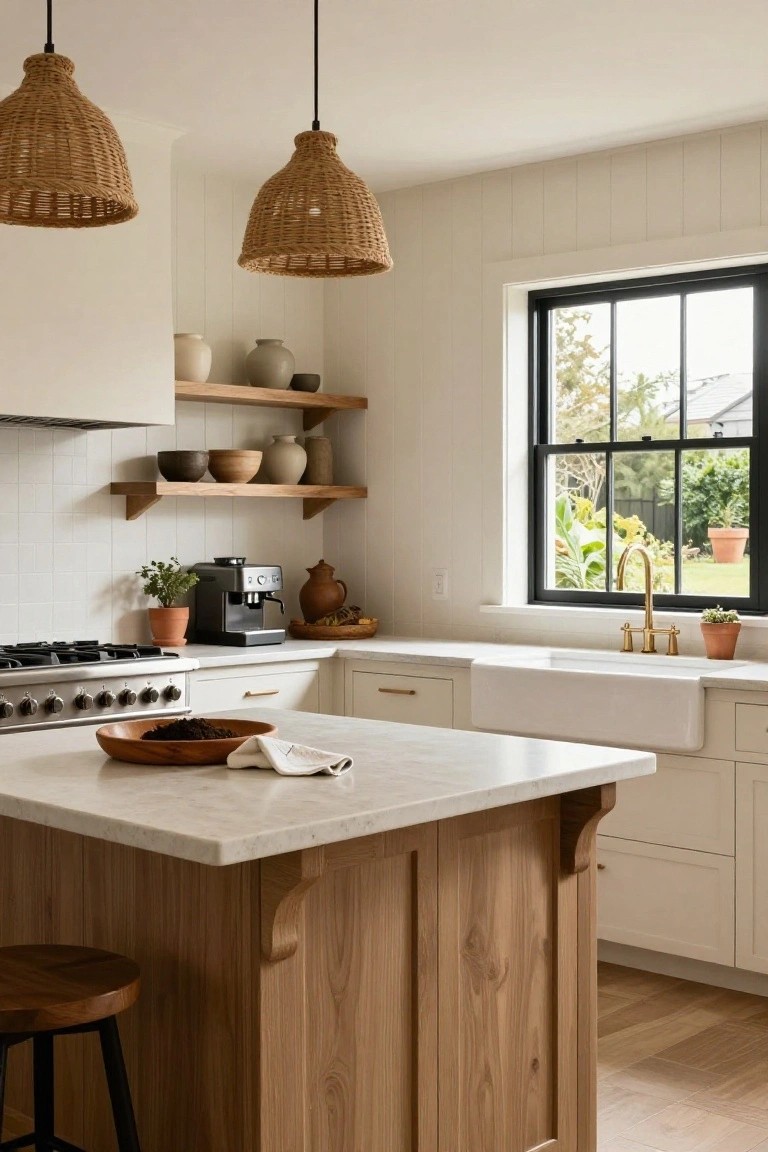 Bright modern farmhouse kitchen with white shaker-style cabinets, a central light gray marble-topped wooden island on bracket legs, woven rattan pendant lights, open oak shelving with ceramic pottery, gas range, and farmhouse sink under a black-framed window.