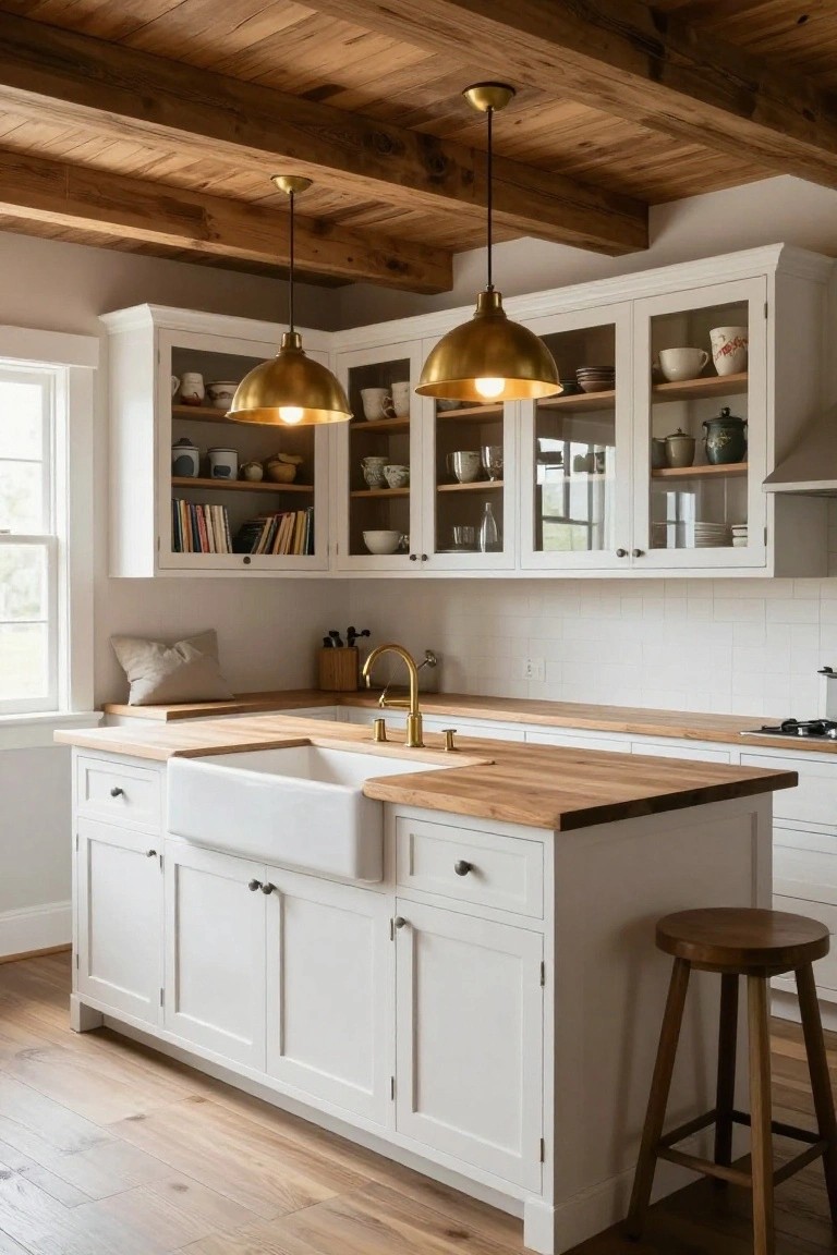 Modern farmhouse kitchen with white shaker cabinets, central white island topped in light wood with farmhouse sink and gold faucet, two gold pendant lights, wood beam ceiling, and wood flooring.