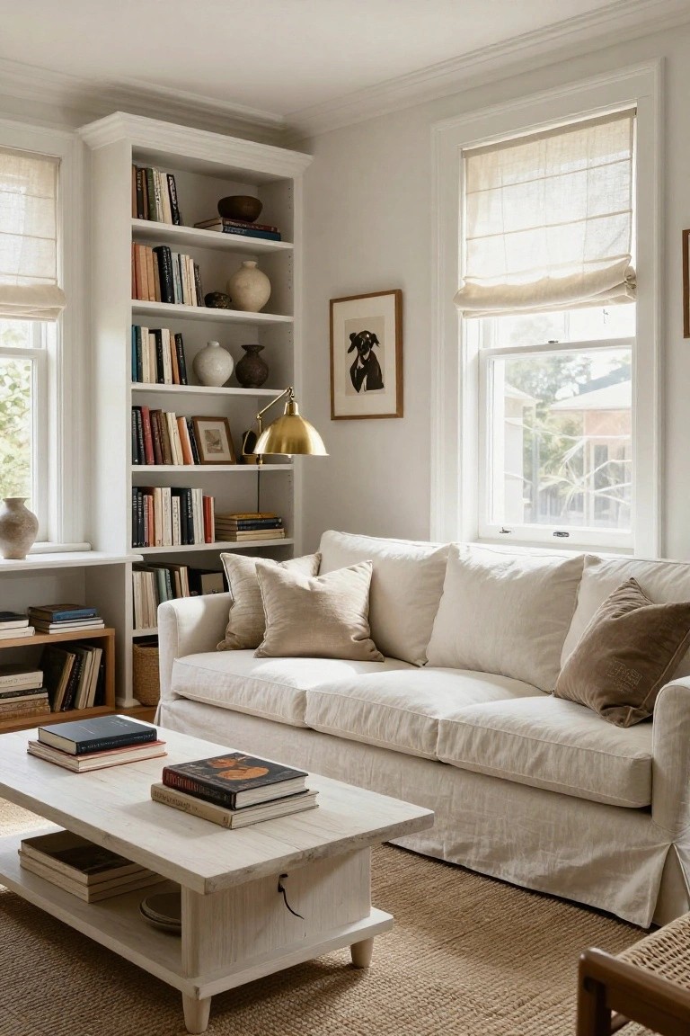 A cozy living room featuring tall white built-in bookcases flanking two large windows with linen roman shades, filled with books ceramics and art, a white slipcovered sofa with beige pillows, wooden coffee table with stacked books, and seagrass rug.
