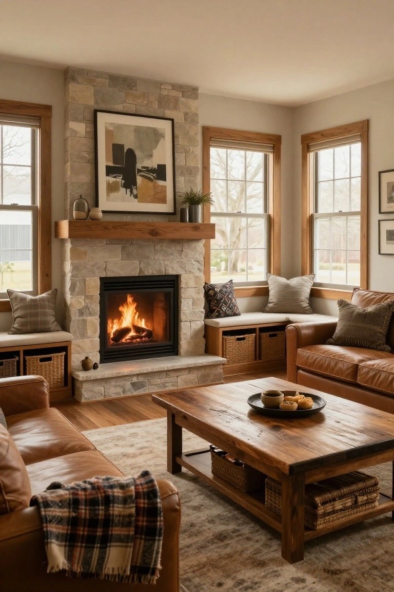 A living room with a central stone fireplace flanked by built-in wooden window benches containing storage baskets, tan leather sofas, a wooden coffee table, and large windows.