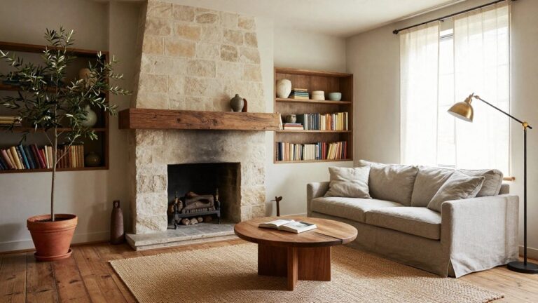 23 Chic Modern Rustic Living Room Ideas That Balance Old and New Living room with textured stone fireplace, wooden mantel and built-in shelves holding books and ceramics, light gray sofa, round wooden coffee table, and seagrass rug.