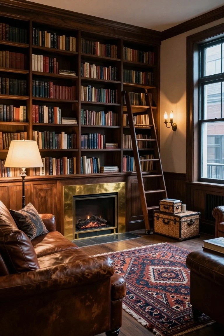 Warmly lit corner of a wood-paneled living room with tall floor-to-ceiling bookshelves, sliding wooden ladder, brass-trimmed gas fireplace, leather sofas, patterned rug, and table lamps.