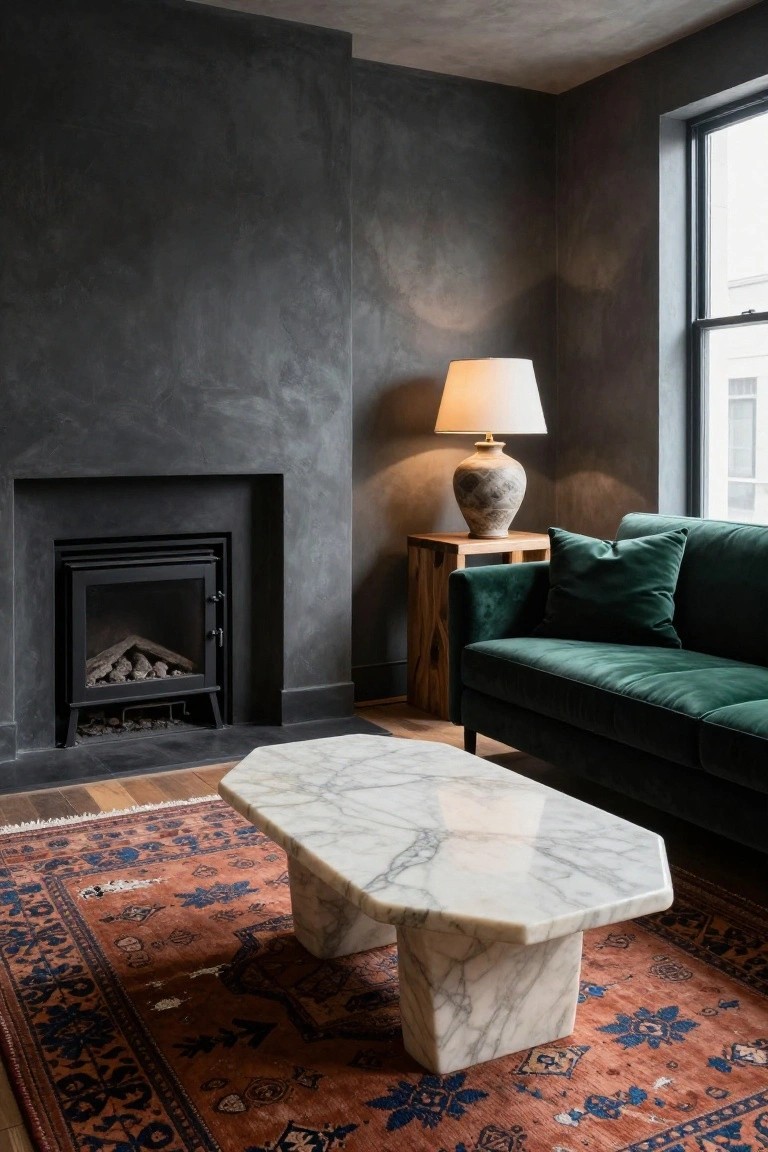Corner of a living room with dark textured plaster walls, black metal fireplace, green velvet sofa, octagonal white marble coffee table positioned on a red, navy, and blue Persian rug, wooden side table holding a ceramic lamp, and a tall window.