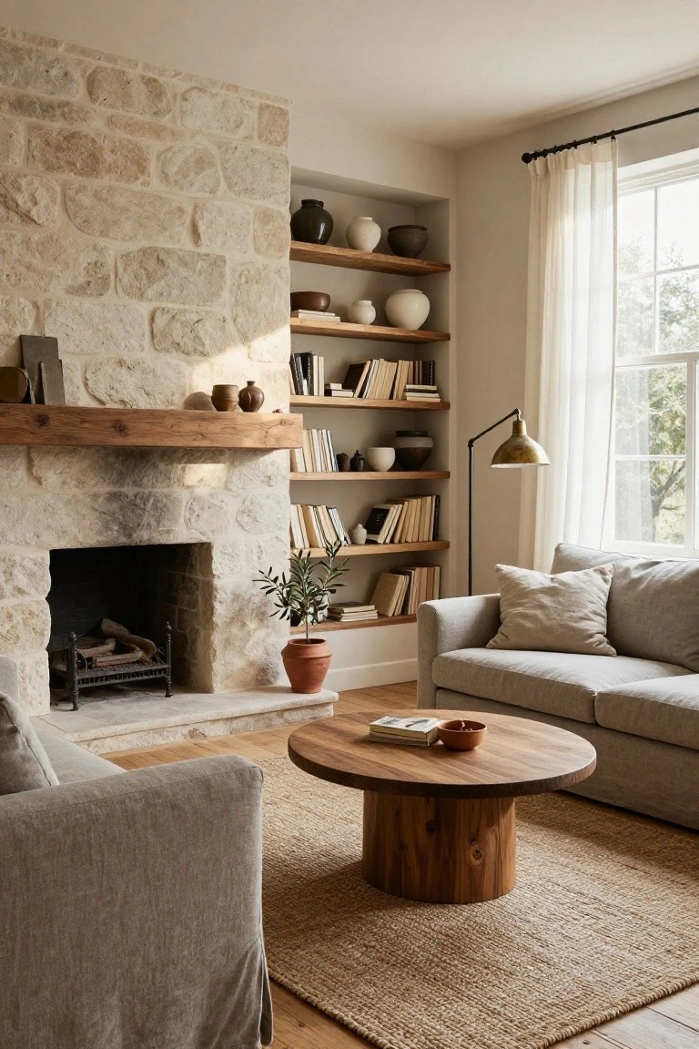 Living room with textured stone fireplace, wooden mantel and built-in shelves holding books and ceramics, light gray sofa, round wooden coffee table, and seagrass rug.