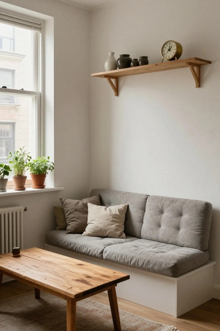 A cozy living room corner featuring a low gray tufted sofa on a white platform base, a rectangular rustic wooden coffee table with knots, potted plants on the windowsill, wooden shelves holding ceramics and a clock, and neutral walls with a radiator.