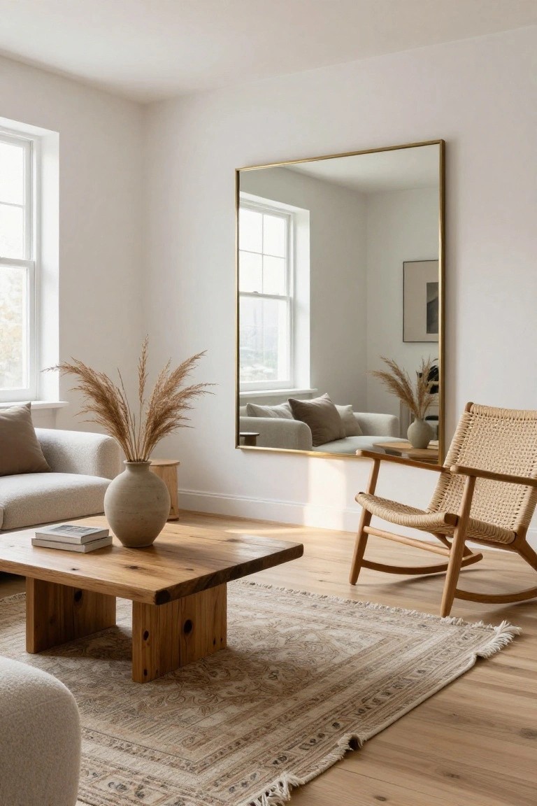 Light-filled living room with white walls, large gold-framed mirror, cream sofa, live-edge wooden coffee table, pampas grass vase, rattan rocking chair, side table, and beige rug on oak floors.