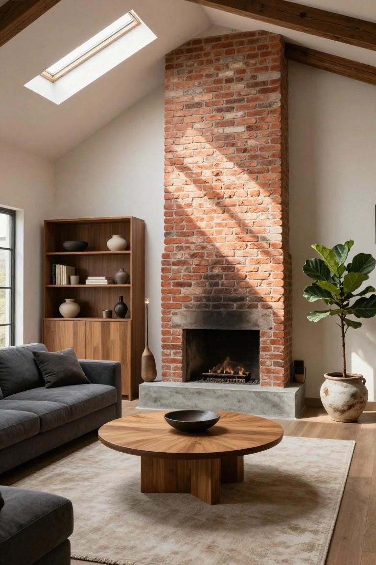 A modern rustic living room with a tall exposed red brick fireplace, gas flames burning, gray sofa, round wooden coffee table with black bowl, wooden bookshelf, potted fiddle leaf fig, and skylight overhead on wooden beams.