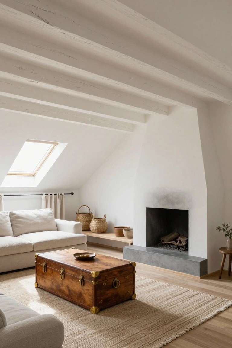 Attic living room with white exposed beams and walls, skylight, beige sofa, antique wooden trunk as low coffee table on seagrass rug, stone fireplace with logs, woven baskets on shelf, and wooden stool.