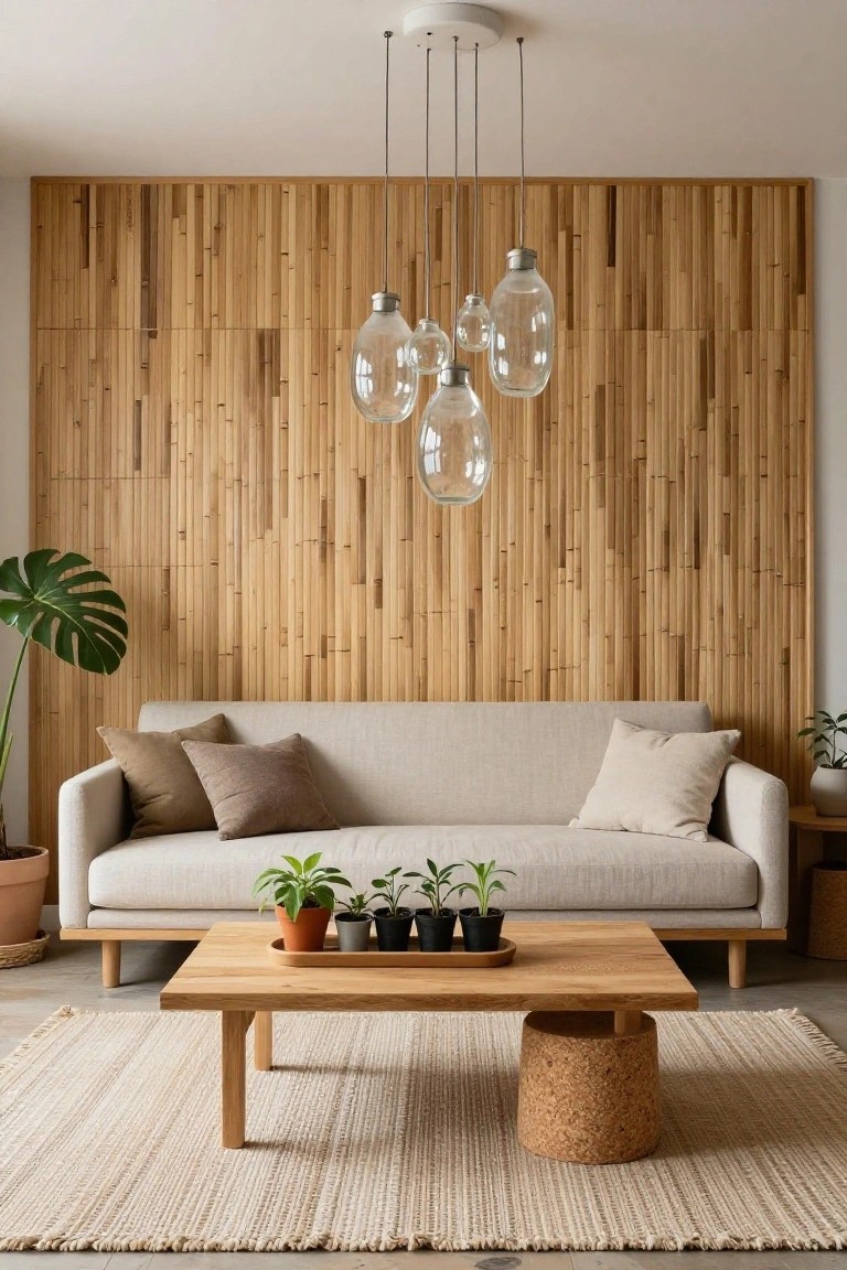 Beige sofa with throw pillows on a low wooden coffee table with small potted plants, in front of a tall slatted wooden accent wall, with a monstera plant nearby and glass pendant lights overhead.