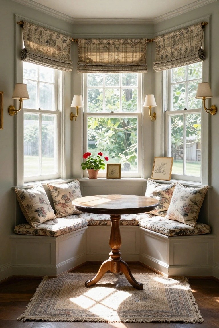 Corner bay window seating area with built-in upholstered benches around a round pedestal table, Roman shades, wall lamps, potted plants, and small frames in a pale gray room with hardwood floors.