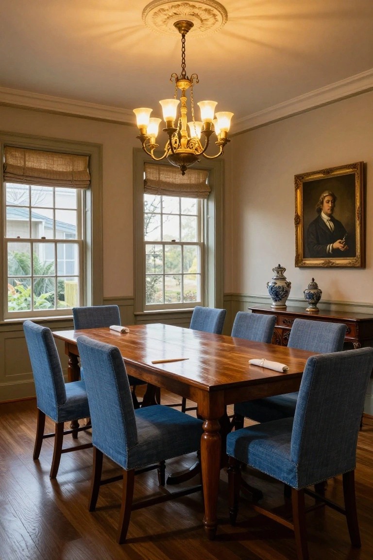 Formal dining room featuring a long wooden table with blue upholstered chairs, brass chandelier overhead, gilded portrait on wall, blue and white vases on sideboard, and large windows with garden view.