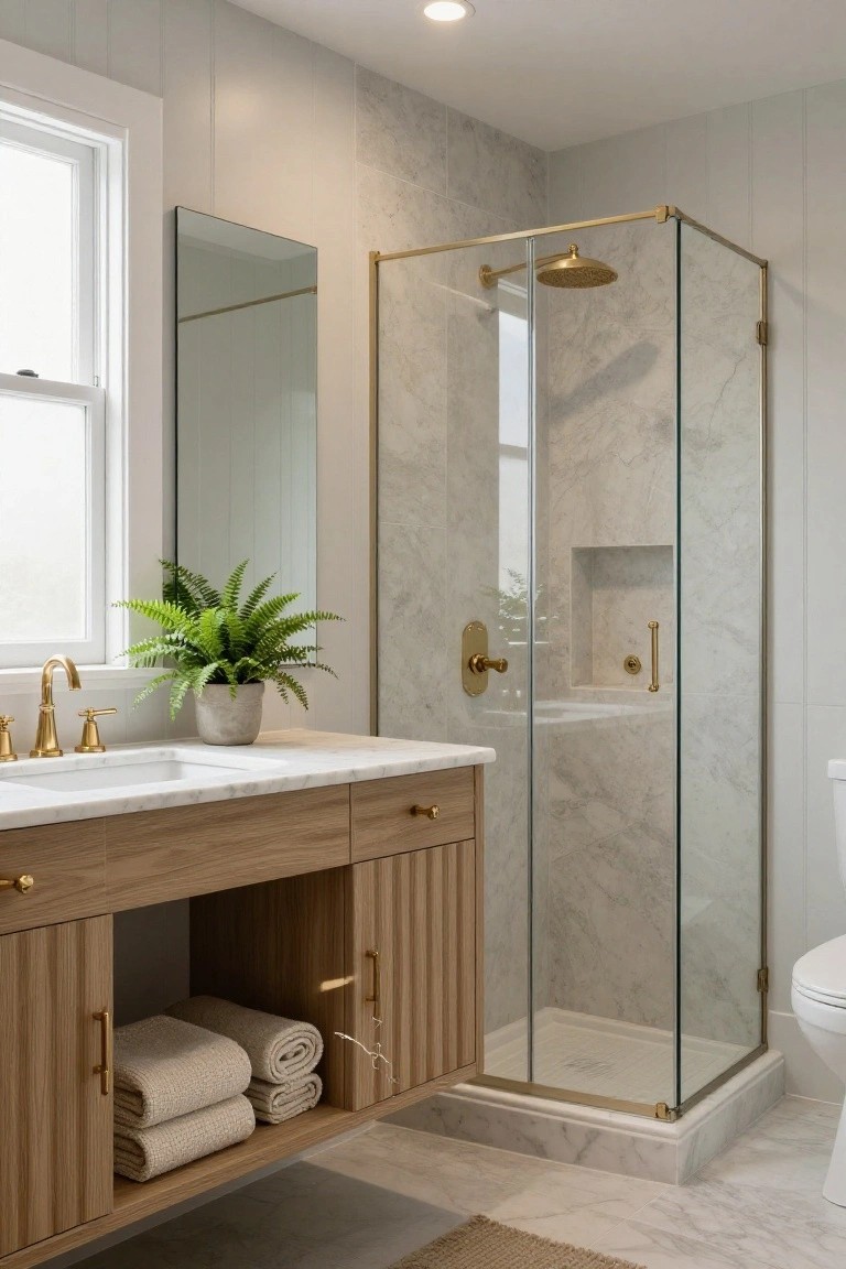 Corner glass shower with brass frame and rain showerhead, adjacent wood vanity with gold faucets and towels, marble tiles, potted fern, and white toilet in a light bathroom.