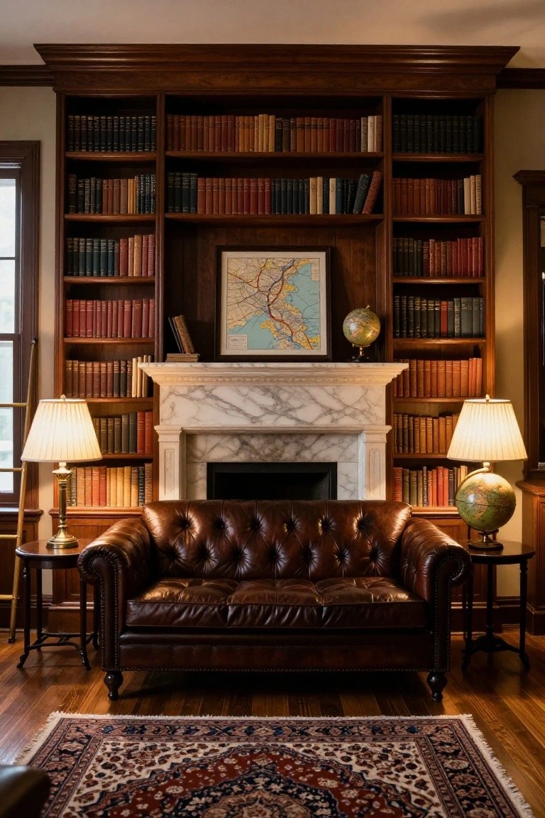 Traditional interior library room with tall symmetrical wooden bookshelves filled with books flanking a white marble fireplace, brown tufted leather loveseat centered in front, table lamps, two globes, and patterned rug on wood floor.