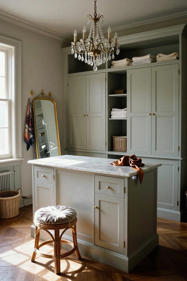 Sage green painted built-in cabinets lining a laundry room with open shelves holding white linens and baskets, a central white marble-topped island with drawers, a rattan stool, gold full-length mirror with scarf, and crystal chandelier overhead on parquet wood floor.