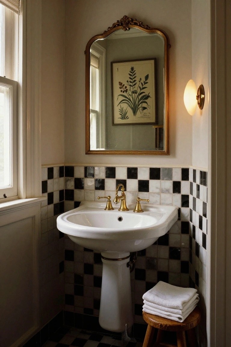 Corner bathroom with white pedestal sink, gold faucets, black and white checkered tiles on walls and floor, ornate gold mirror above, wall sconce, botanical print, stacked white towels, and wooden stool.