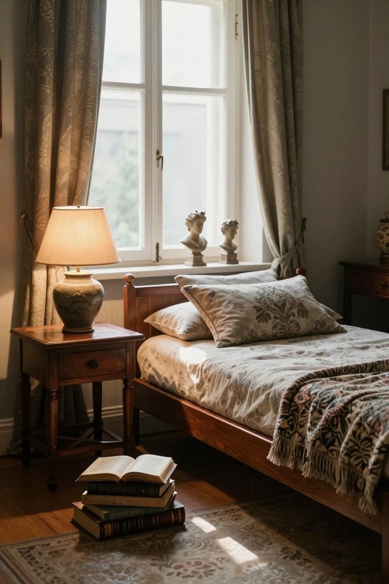Traditional bedroom interior with wooden single bed covered in white linens and patterned throw blanket, wooden nightstand with ceramic lamp, stacks of hardcover books on wooden floor, tall window with draped curtains, and two classical busts on windowsill.