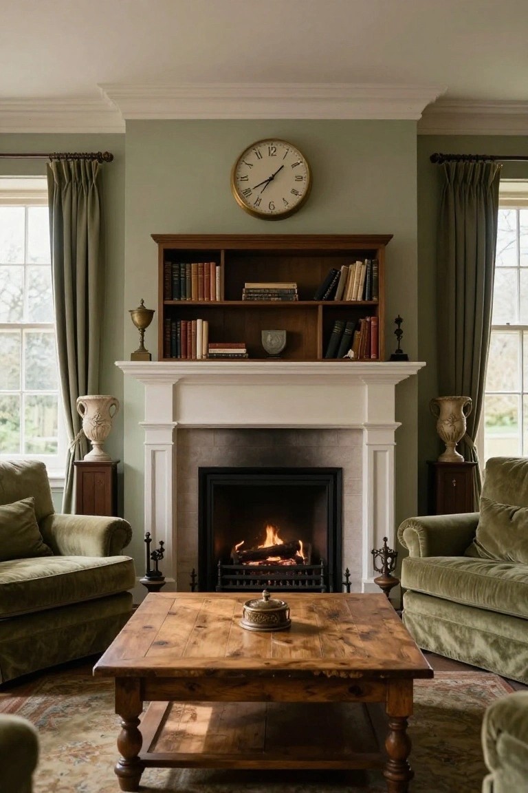 A living room with sage green walls, a lit fireplace under a white mantel with integrated wooden bookcases filled with books, flanked by large urns on pedestals, green velvet armchairs, a wooden coffee table, and tall windows with green curtains.