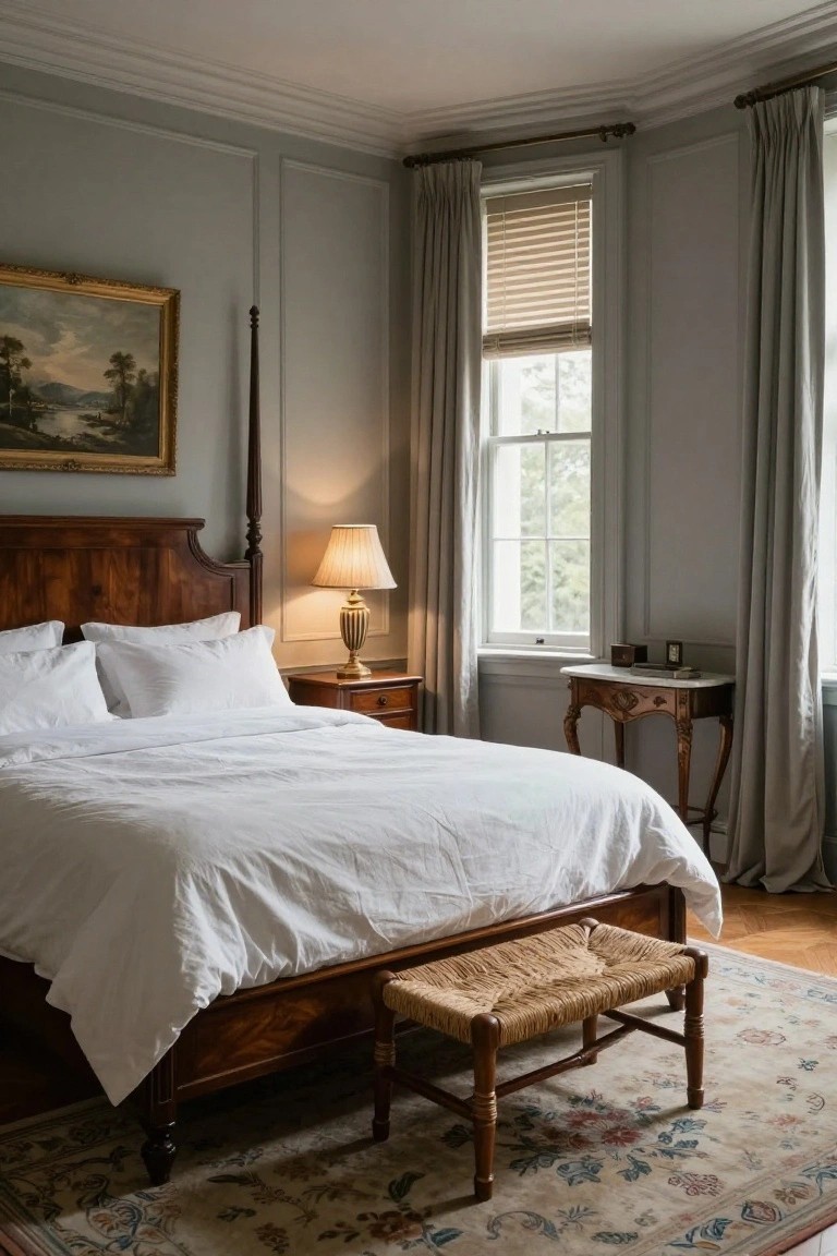 Bedroom interior with dark wood four-poster bed and white bedding, gray paneled walls, antique wooden furniture, lamp on nightstand, small console table, gray drapes on large windows with blinds, and patterned rug on wood floor.