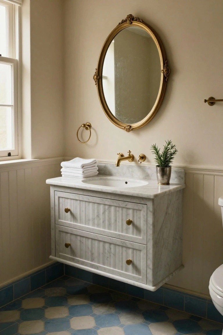 A small bathroom with beige wainscoted walls, a white marble floating vanity with two drawers and brass knobs, brass faucet and towel ring, ornate gold oval mirror above the sink, stack of white towels, rosemary plant in metal pot, checkered blue and white floor tiles, and white toilet in the corner.