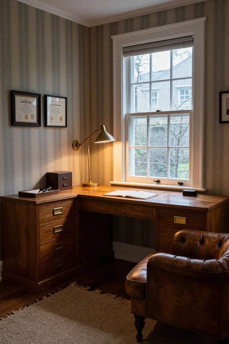 A traditional home office with a wooden L-shaped corner desk, open drawers with brass pulls, leather armchair, adjustable desk lamp, and striped wallpaper beside a large multi-pane window.