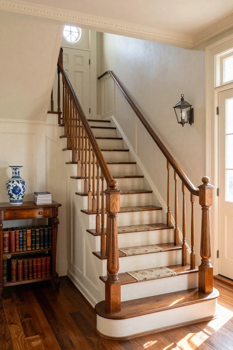 Wooden staircase with oak handrail, turned balusters, and white risers in a light entry hall, next to a wooden console table holding stacked books and a blue porcelain vase.
