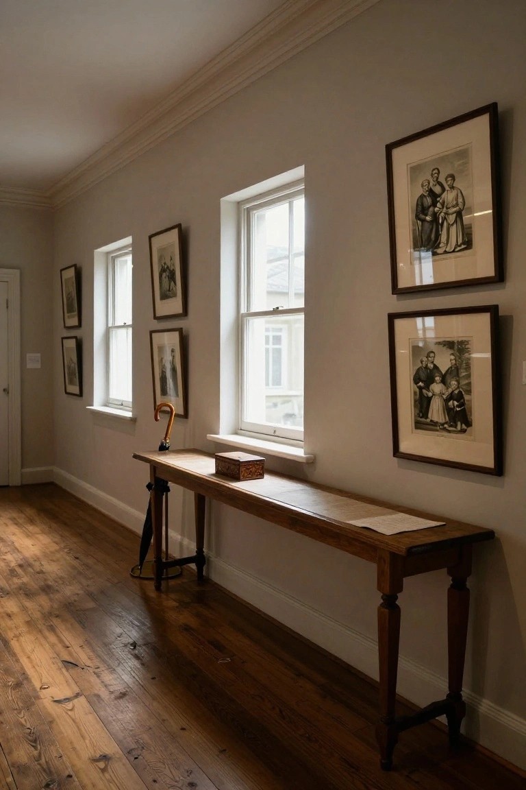 Narrow interior hallway with light gray walls, hardwood floors, tall windows, wooden console table topped with papers and a wooden box, umbrella stand beside it, and multiple framed black-and-white portraits hanging on the walls.
