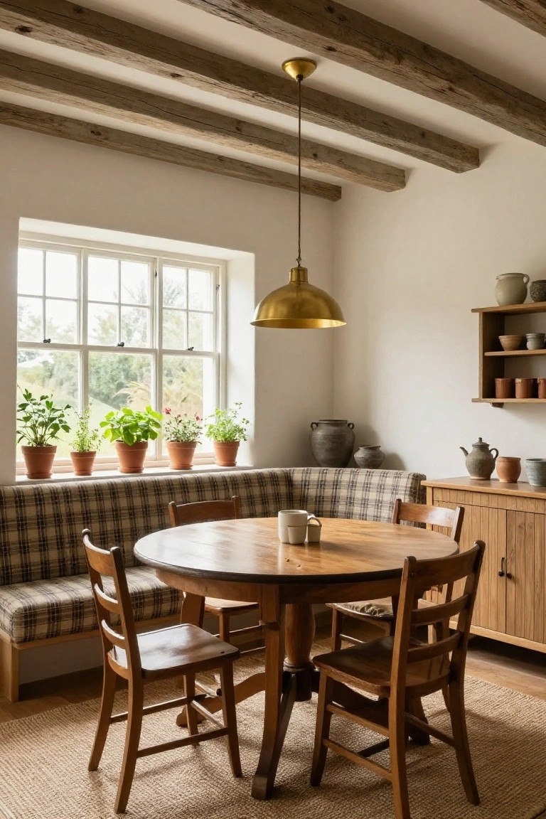 Cozy dining nook with built-in plaid-upholstered window seat bench under a multi-paned window with potted plants on the sill, round wooden table, wooden chairs, brass pendant light, wooden ceiling beams, and sideboard with pottery in a white-walled room.