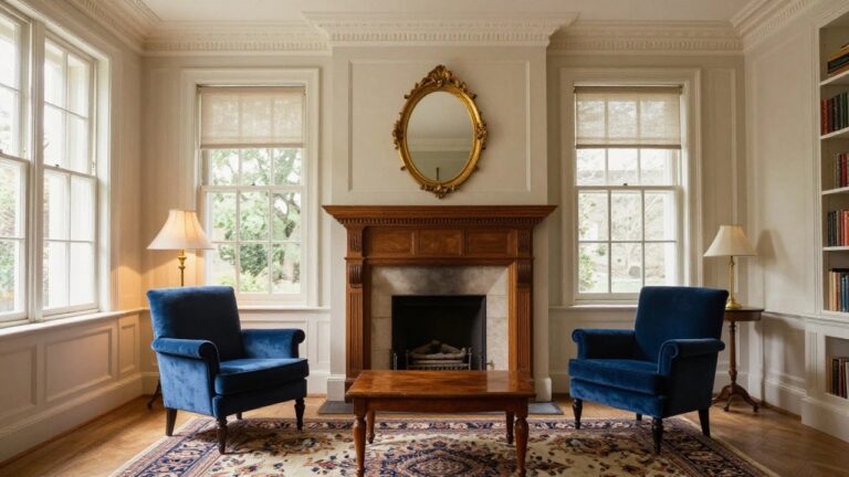 A Georgian-style living room with white paneling, a fireplace under a gold-framed oval mirror, matching blue velvet armchairs flanking a low wooden coffee table on a patterned rug, bookshelves beside tall windows, and table lamps on the mantel.