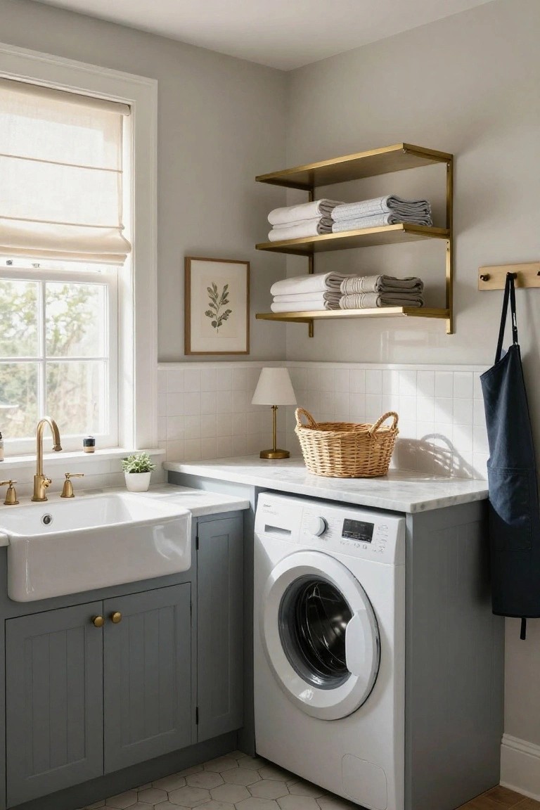Laundry room interior with light gray shaker-style cabinets below a white farmhouse sink, white washer next to marble countertop, gold faucet, brass wall shelves holding folded white and gray towels, wicker basket, table lamp, and window with blinds.