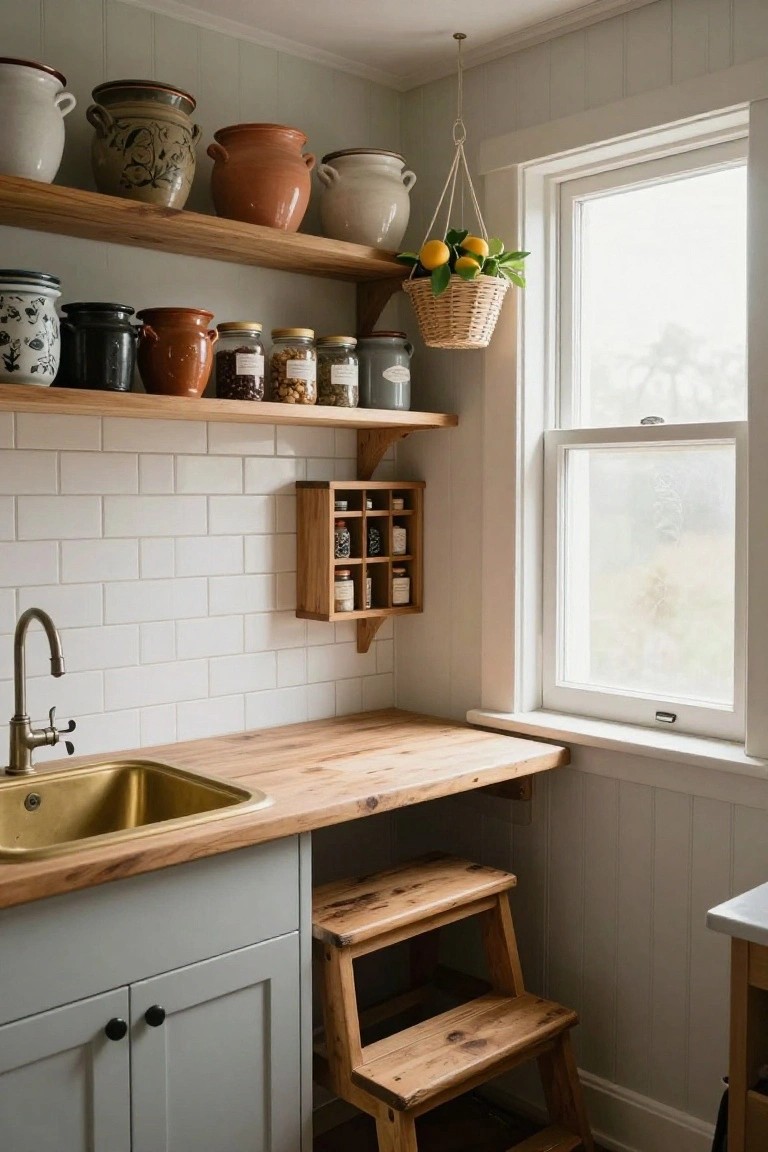 Cozy kitchen corner featuring wooden open shelves with pottery jars and crocks, white subway tile backsplash, gold sink in wooden counter, gray lower cabinets, wooden step stool, and window with hanging basket of lemons.