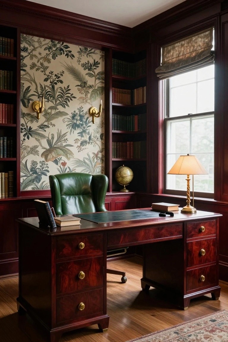 Wood-paneled study room with mahogany desk, green leather wingback chair, built-in bookshelves backed by floral wallpaper, brass lamp, globe, and books.
