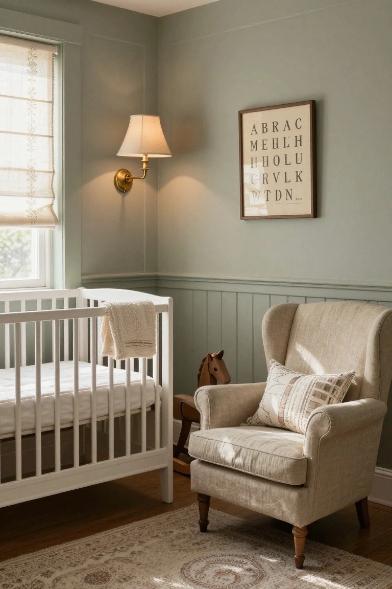 Sage green paneled nursery room with white crib draped in a white blanket, wooden rocking horse on rockers, cream wingback armchair with pillows, and framed alphabet art on the wall near a window with sheer curtains.