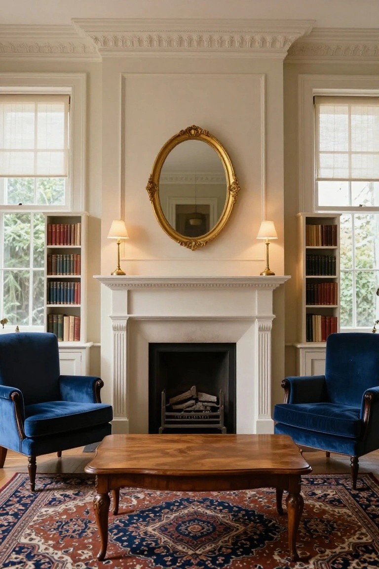 A Georgian-style living room with white paneling, a fireplace under a gold-framed oval mirror, matching blue velvet armchairs flanking a low wooden coffee table on a patterned rug, bookshelves beside tall windows, and table lamps on the mantel.