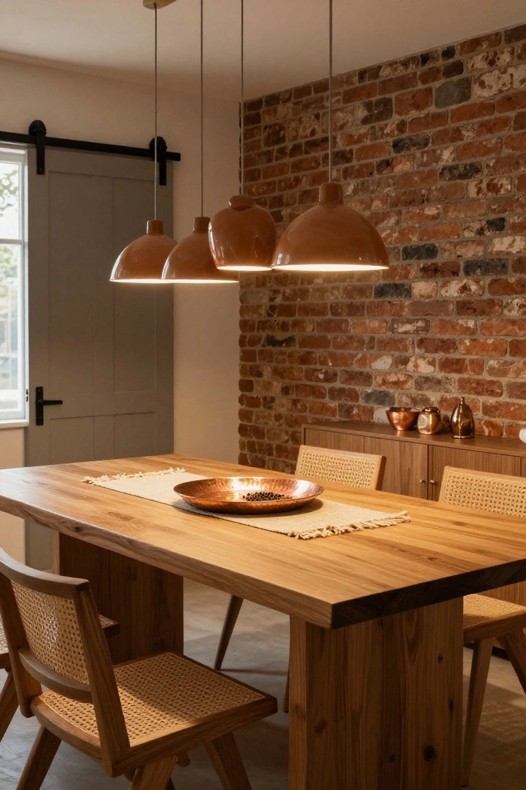 Dining room featuring a wooden table with a copper bowl and runner, flanked by rattan chairs, under three hanging copper pendant lights, with an exposed brick wall and wooden cabinets in the background.