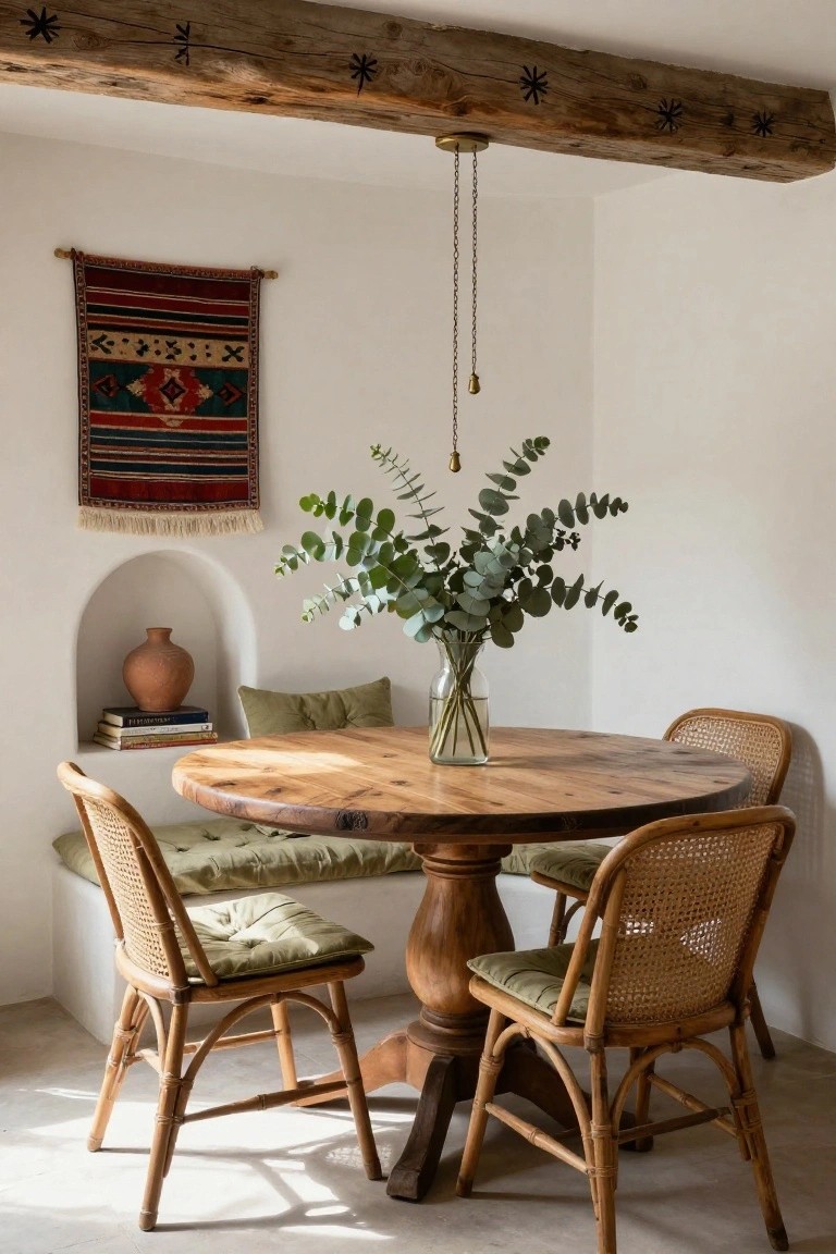 Round wooden pedestal table with eucalyptus bouquet centerpiece in white-walled room, built-in green banquette bench on one side, rattan chairs, arched niche shelf with terracotta pot and books, woven textile wall hanging, exposed wooden beams overhead.